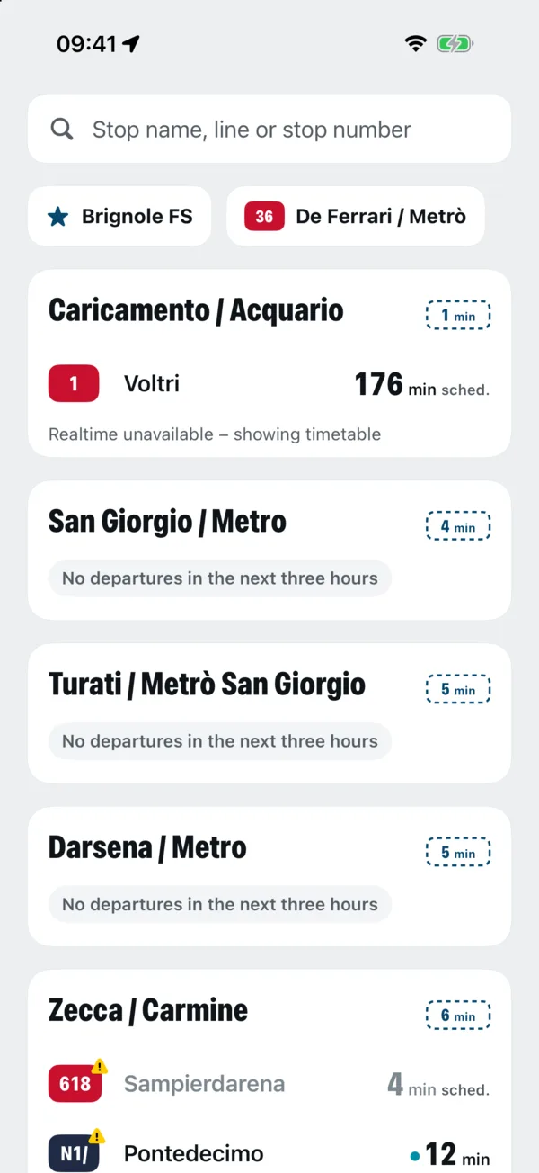 Home in Zena: the nearest stops with the next departures, each marked live or sched.
