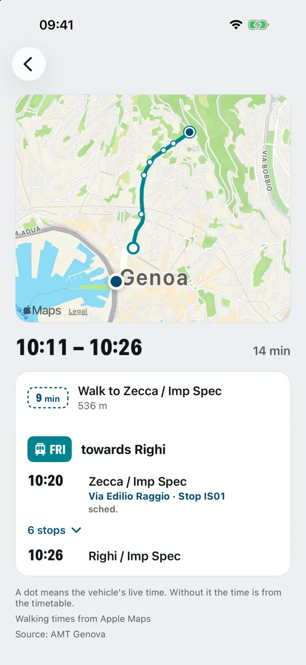 A journey in Zena: a map of the route and the legs listed below it.